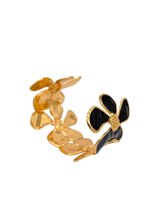 Golden Petal Black Enamel Cuff