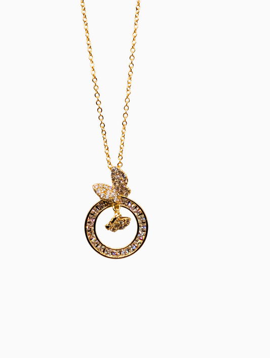 Golden Crystal Halo Butterfly Pendant