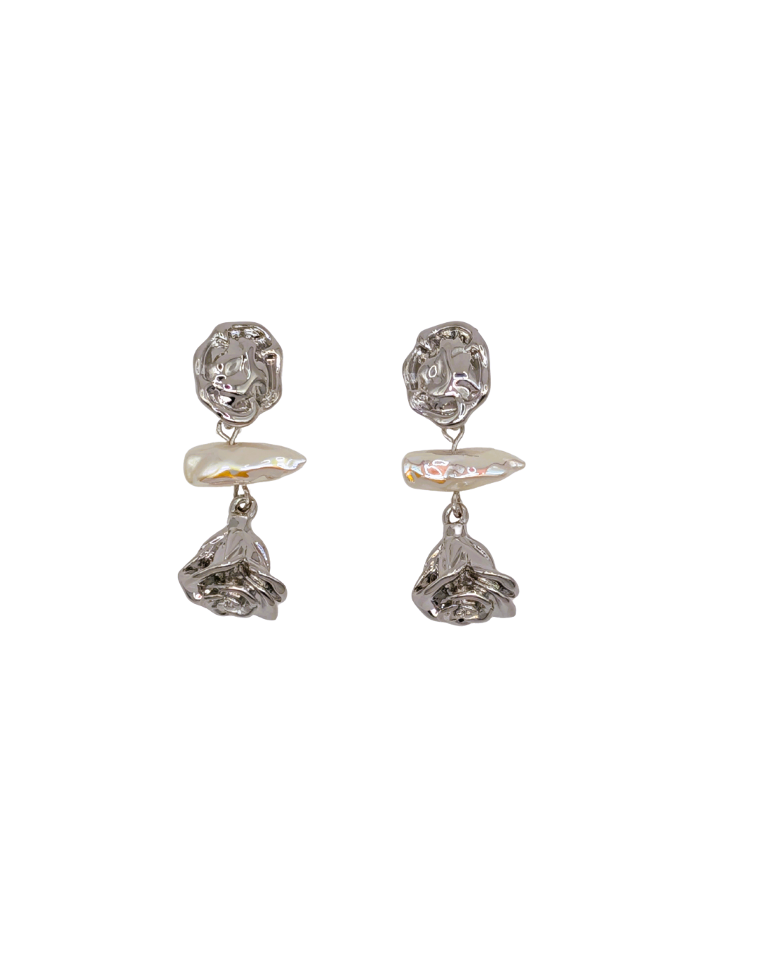 Molten Silver & Baroque Pearl Drop Earrings