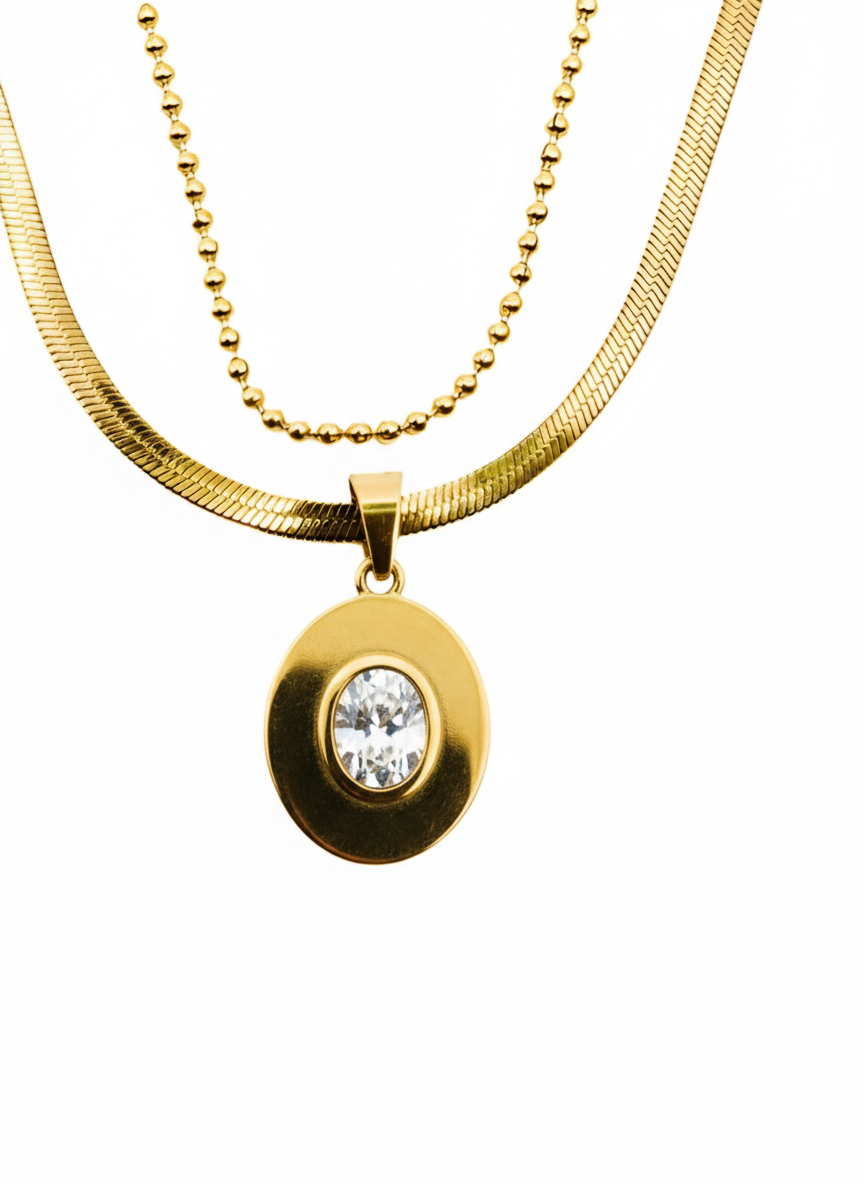 Layered Herringbone Oval Crystal Necklace