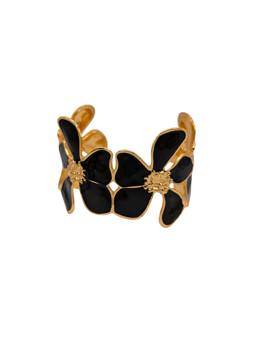 Golden Petal Black Enamel Cuff