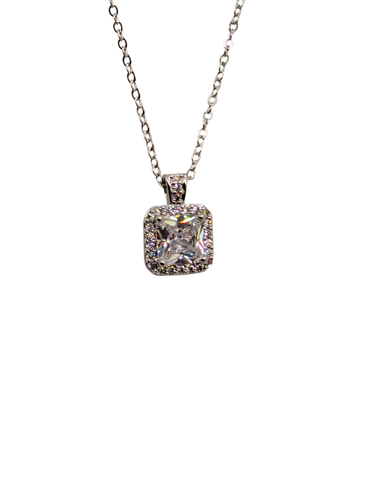 Silver Square-Cut Halo Necklace