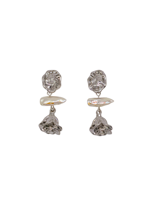 Molten Silver & Baroque Pearl Drop Earrings