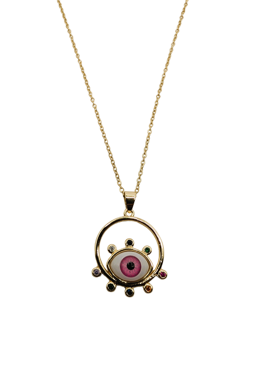 Pink Evil Eye Medallion Necklace