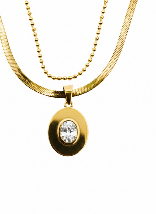 Layered Herringbone Oval Crystal Necklace