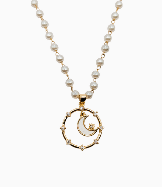 Celestial Crescent Moon Pearl Necklace