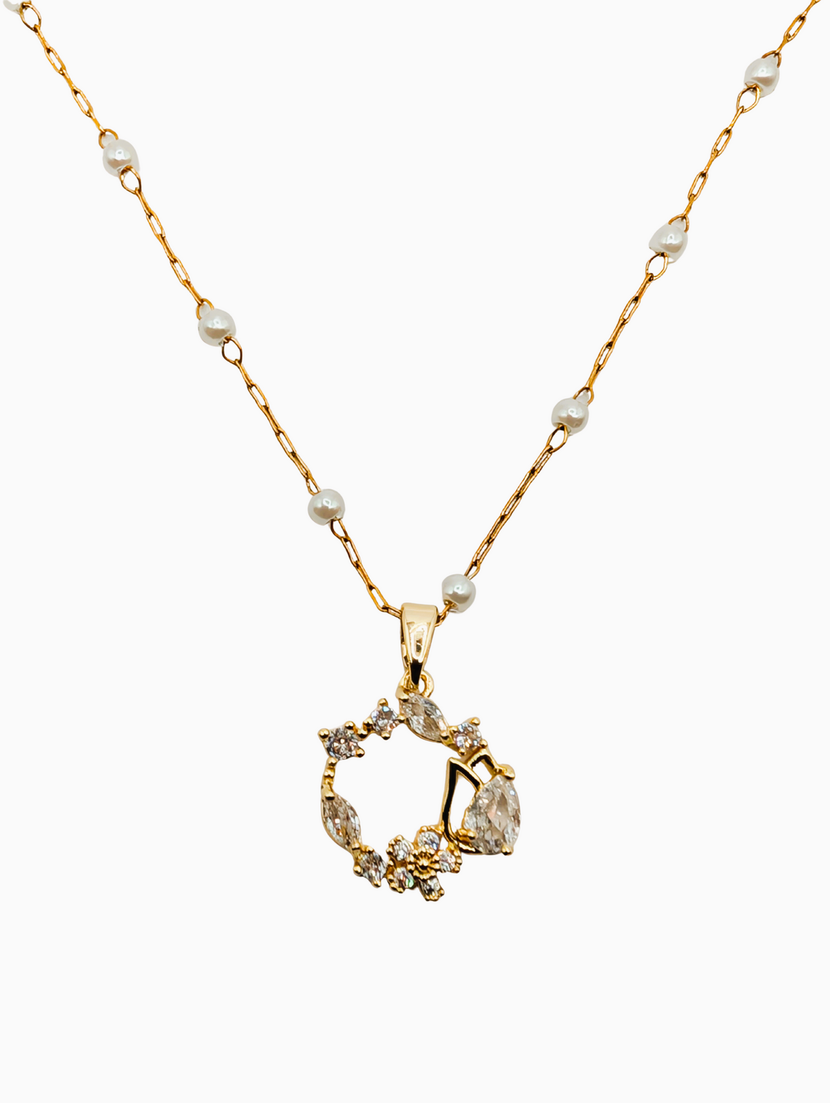 Crystal Wreath Pearl Chain Necklace