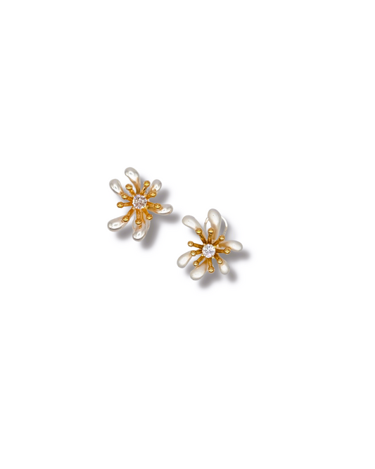 White Enamel Starburst Blossom Stud Earrings